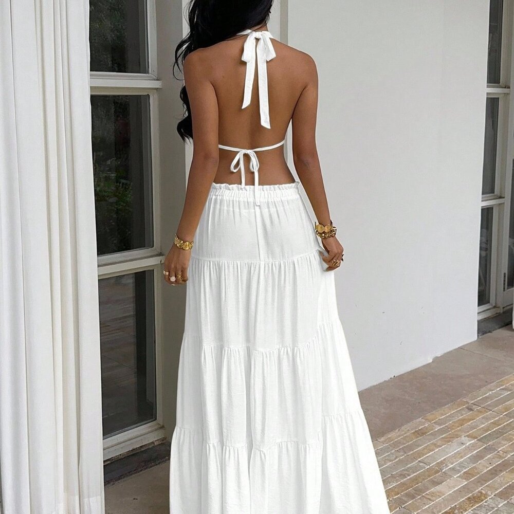White Sexy Women's Deep V-Neck Halter Maxi Skirt Set - Picture 2 of 8